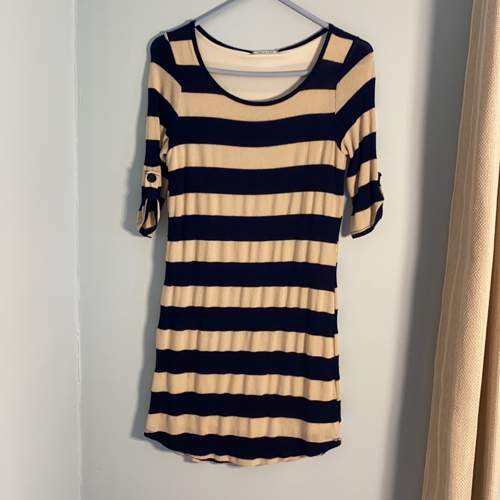 Navy and Beige Striped 3/4 Sleeve Knit Mini Dress